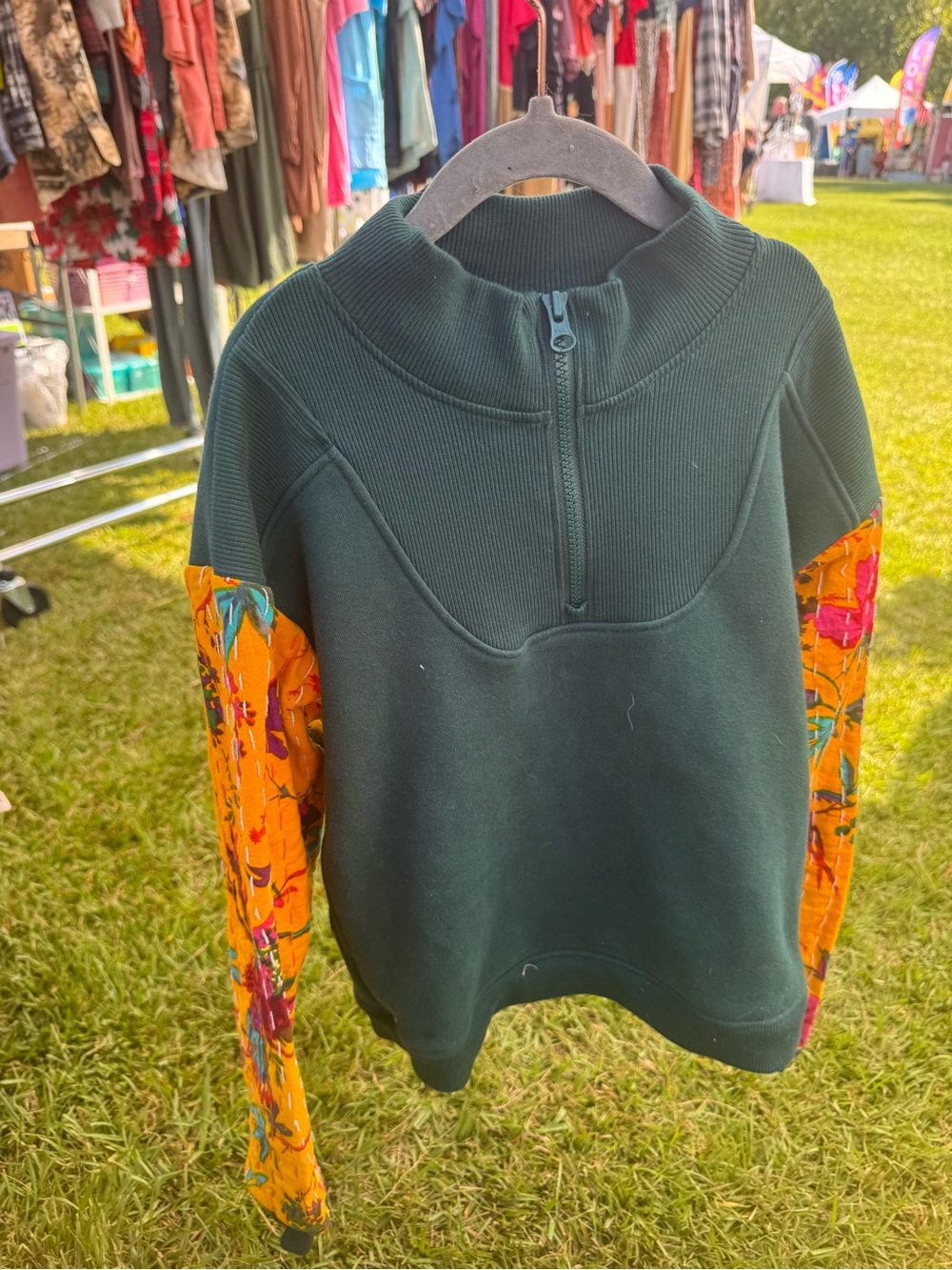 Zella Forest Green Half-Zip Pullover with Orange Floral Sleeves